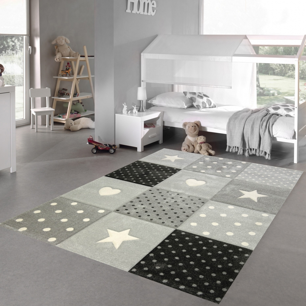 Kinderzimmer Teppich Spiel & Baby Teppich Herz Stern Punkte Design creme schwarz grau