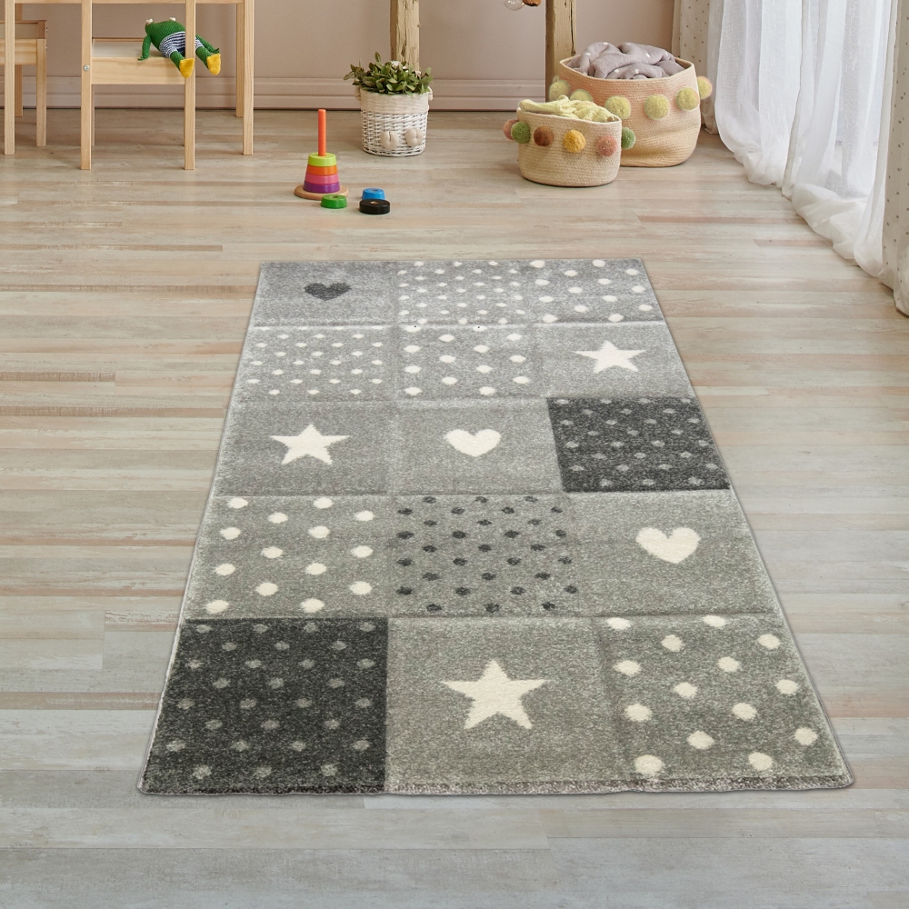 Kinderzimmer Teppich Spiel & Baby Teppich Herz Stern Punkte Design creme schwarz grau