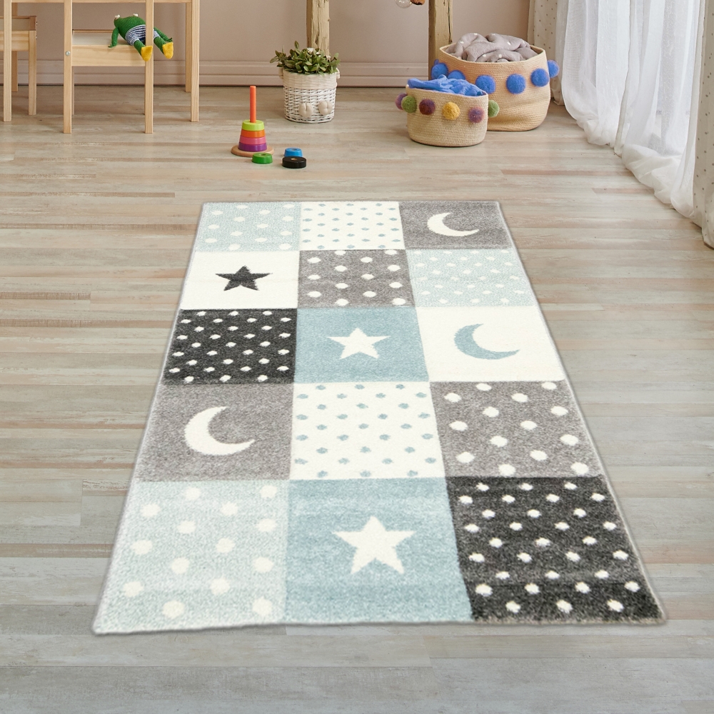 Kinderzimmer Teppich Spiel & Baby Teppich Punkte Sterne Mond Design in blau türkis grau creme