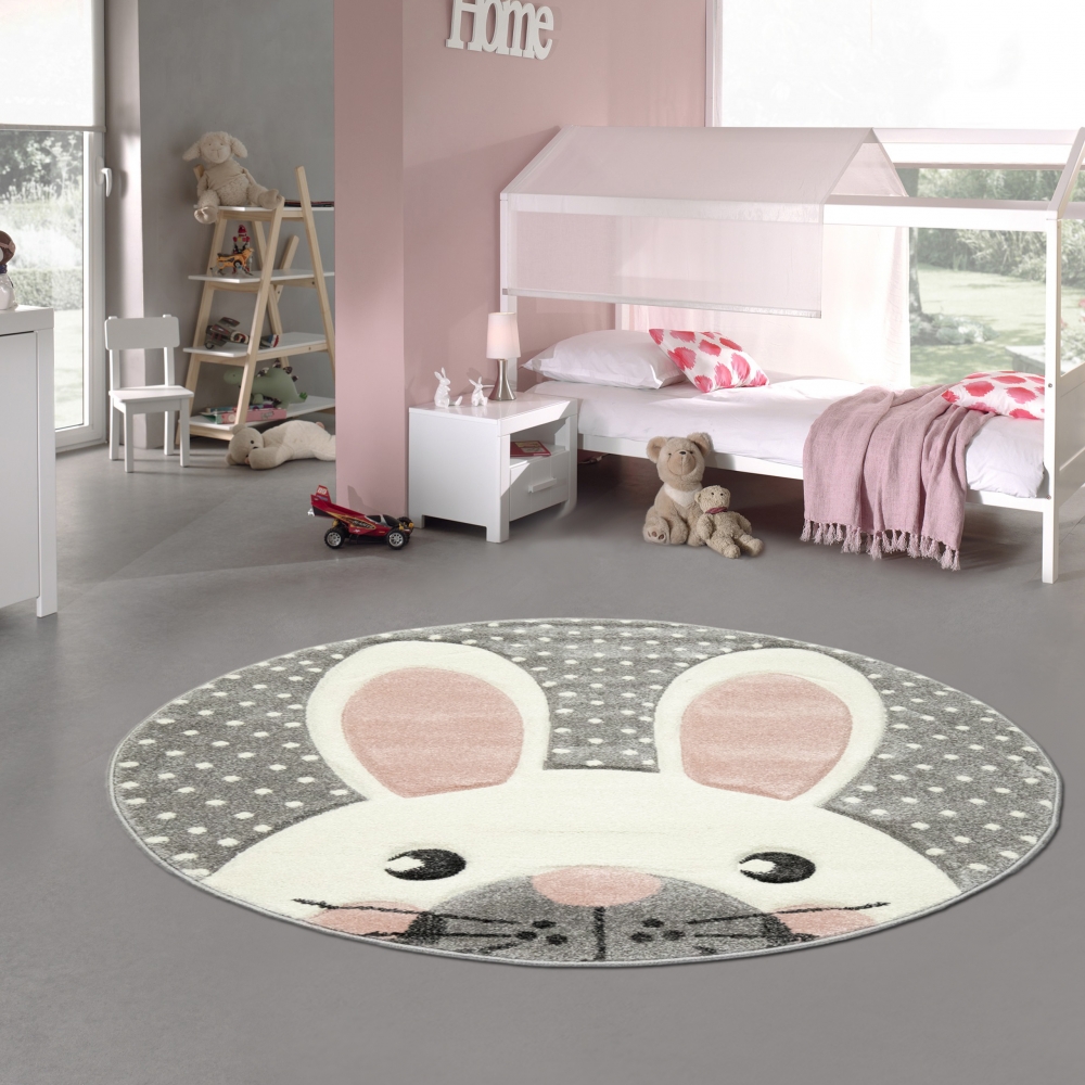 Kinderteppich Spielteppich Teppich Kinderzimmer Babyteppich Hase in Rosa Weiss Grau