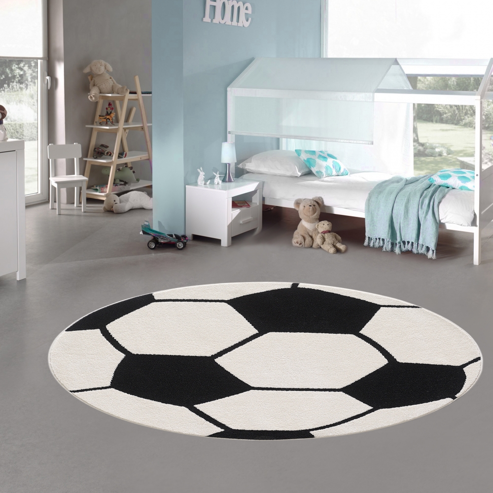 Runder Fußball-Teppich Weich & Strapazierfähig für Kinderzimmer & Wohnzimmer in schwarz weiß
