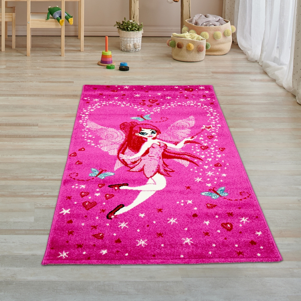 Kinderteppich Spielteppich Kinderzimmer Teppich Zauberfee mit Schmetterlinge Pink Creme Rot Türkis