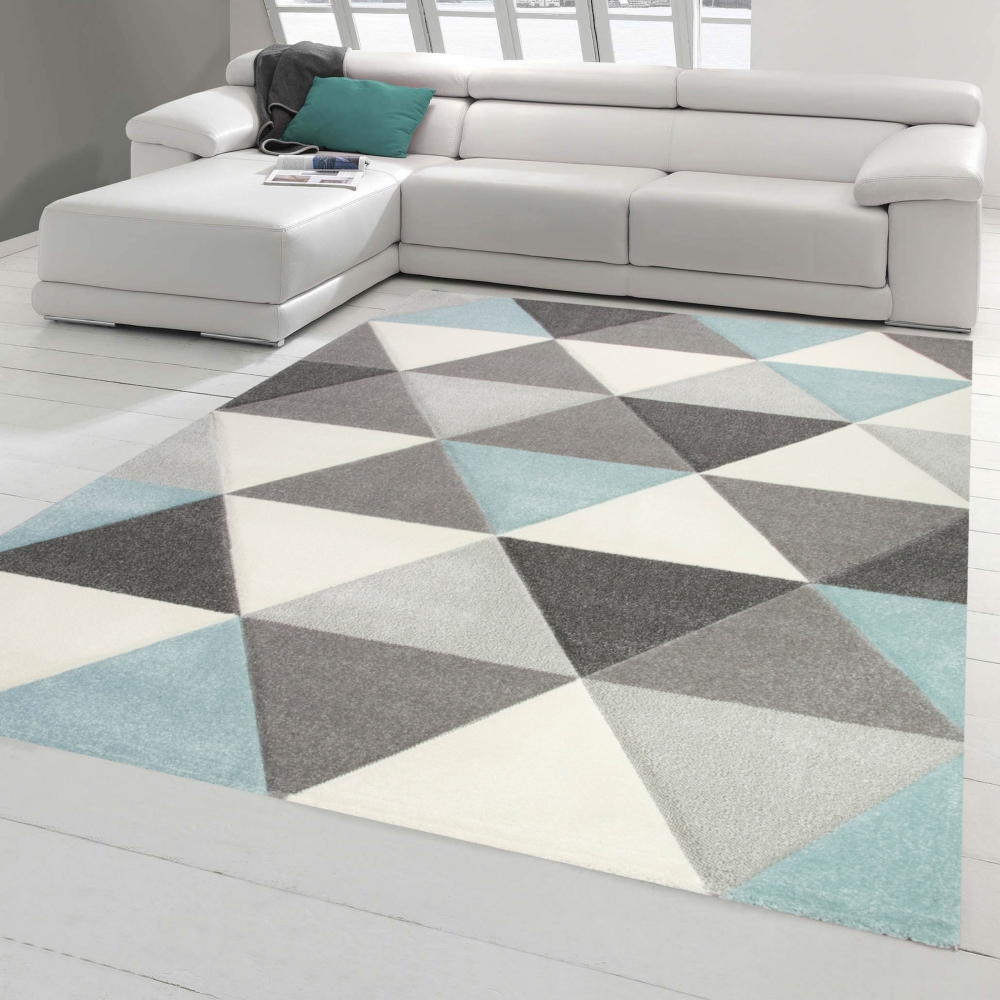Teppich Wohnzimmer Teppich Design mit Dreieck Muster in Blau Grau Creme
