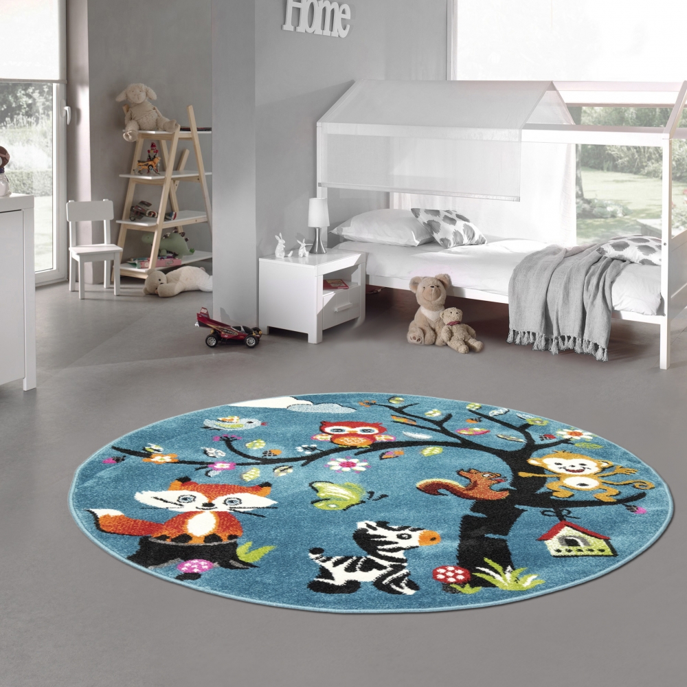 Kinderzimmer-Teppich mit verschiedenen Tiermotiven | in blau