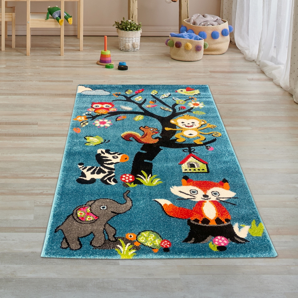 Kinderzimmer-Teppich mit verschiedenen Tiermotiven | in blau