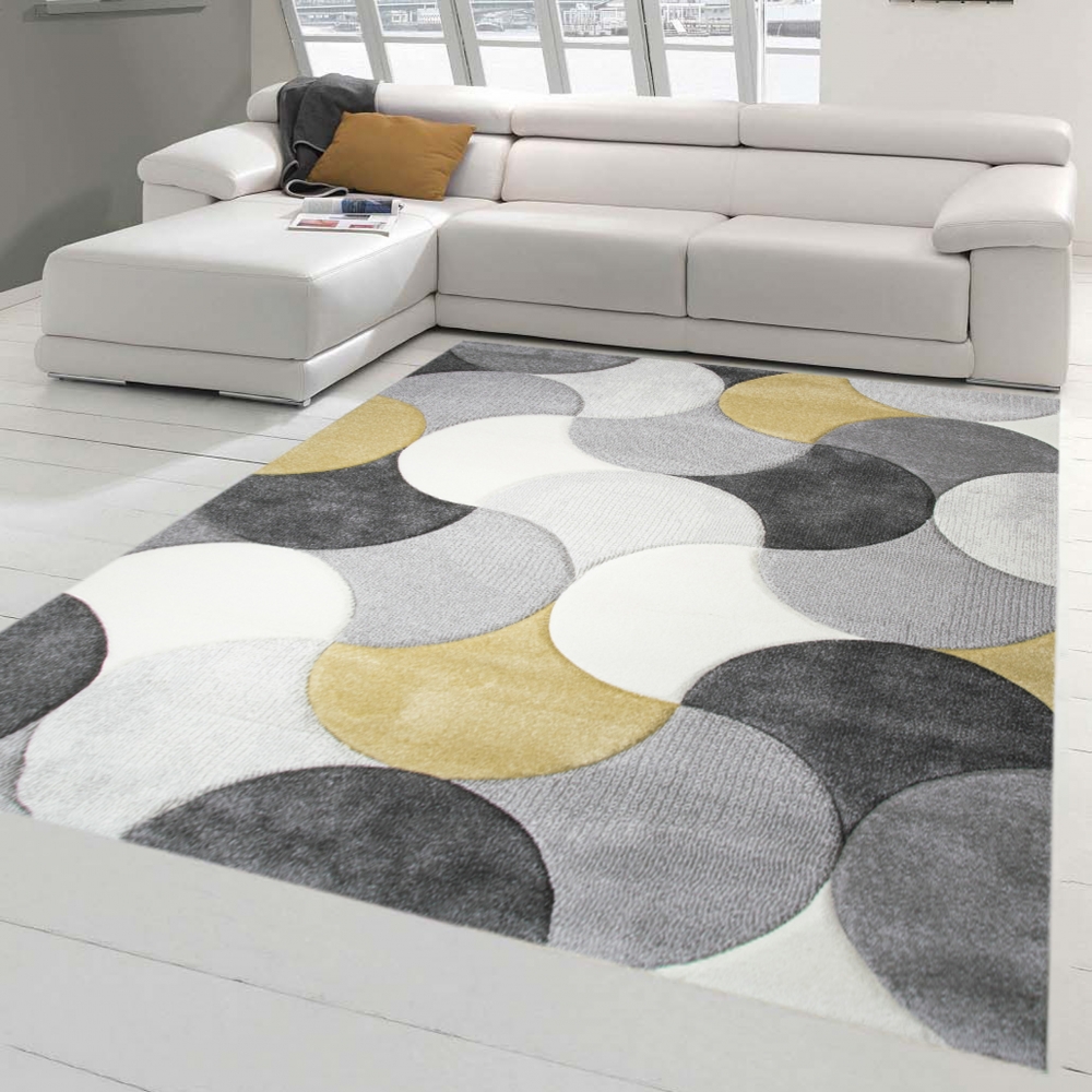Designer und Moderner Teppich Kurzflor mit Tropfen Muster in Grau Creme Gelb