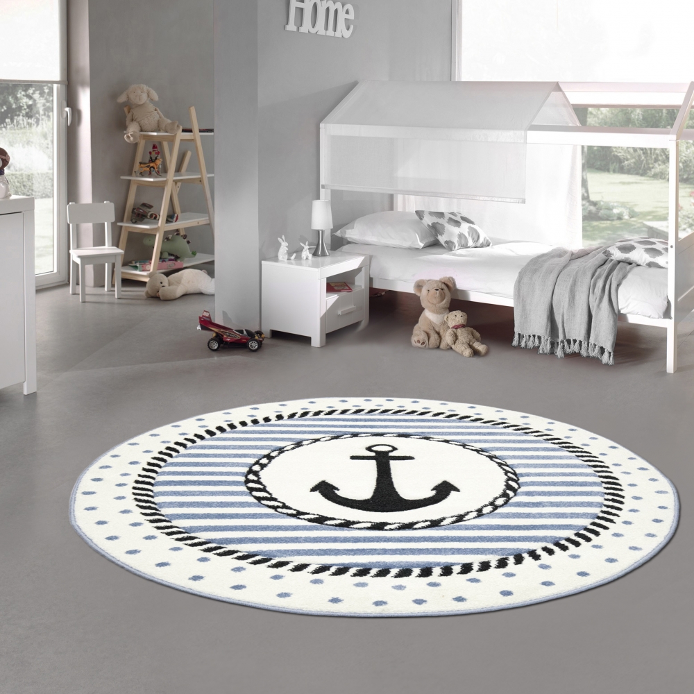 Kinderteppich Maritim Kinderzimmerteppich Jungen Teppich mit Anker in Blau Creme