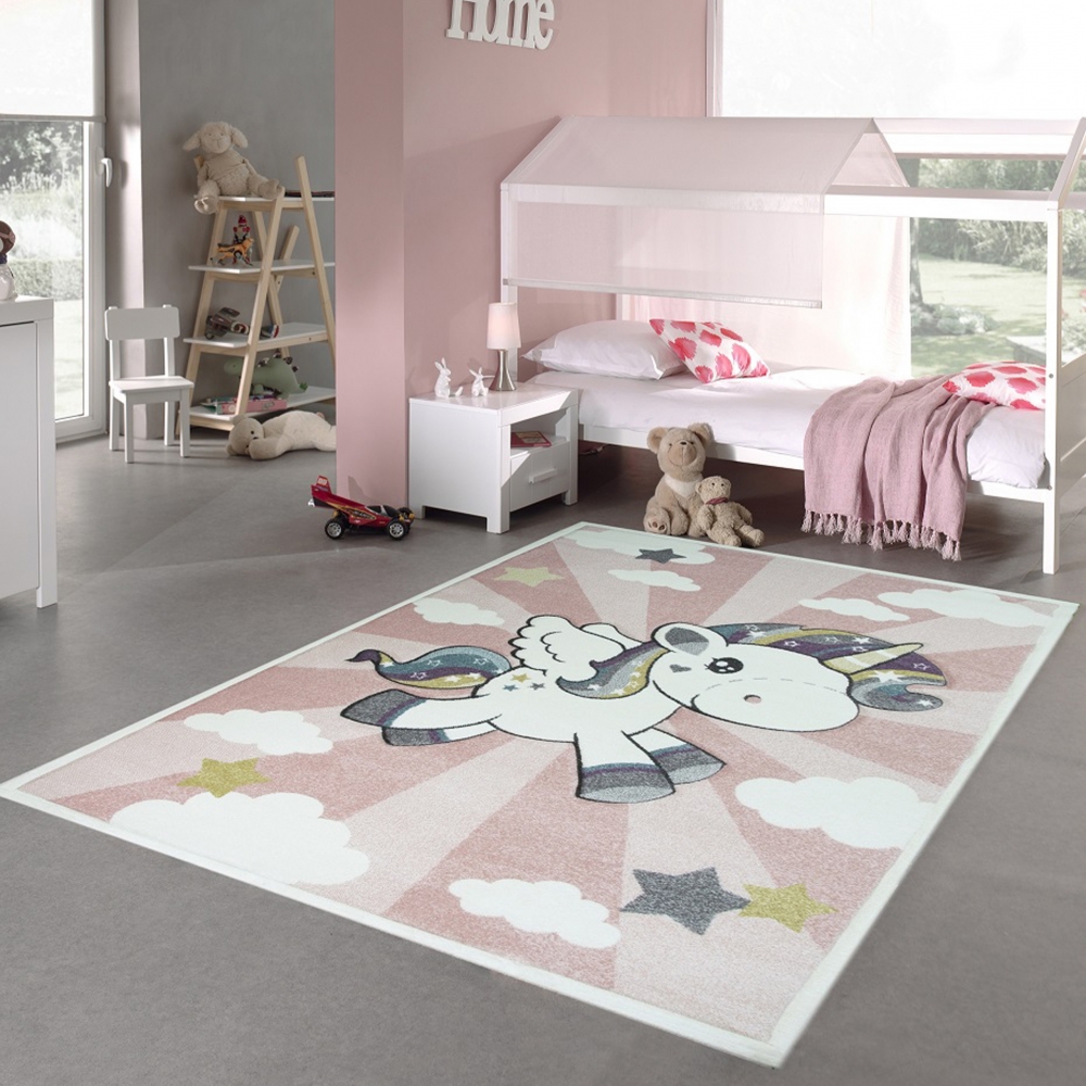Kinderteppich Spielteppich Babyteppich mit Einhorn Regenbogen in Rosa Creme