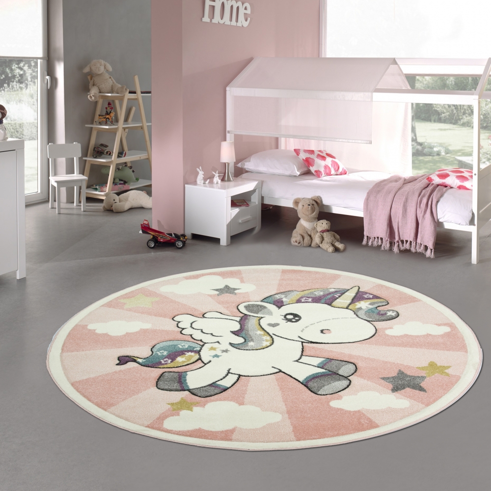 Kinderteppich Spielteppich Babyteppich mit Einhorn Regenbogen in Rosa Creme