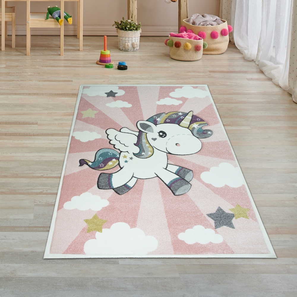 Kinderteppich Spielteppich Babyteppich mit Einhorn Regenbogen in Rosa Creme