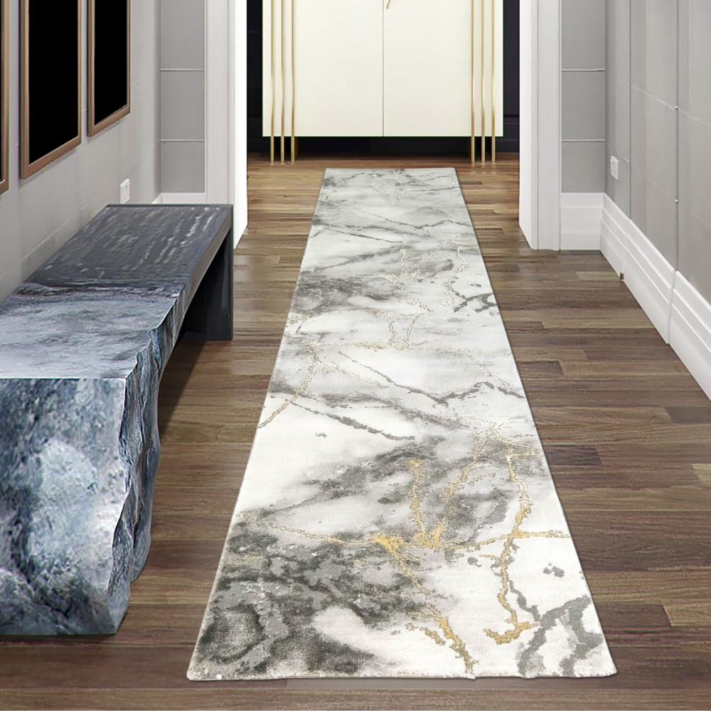 Teppich Wohnzimmer Design Teppich Marmor Optik mit Glanzfasern in Grau Gold