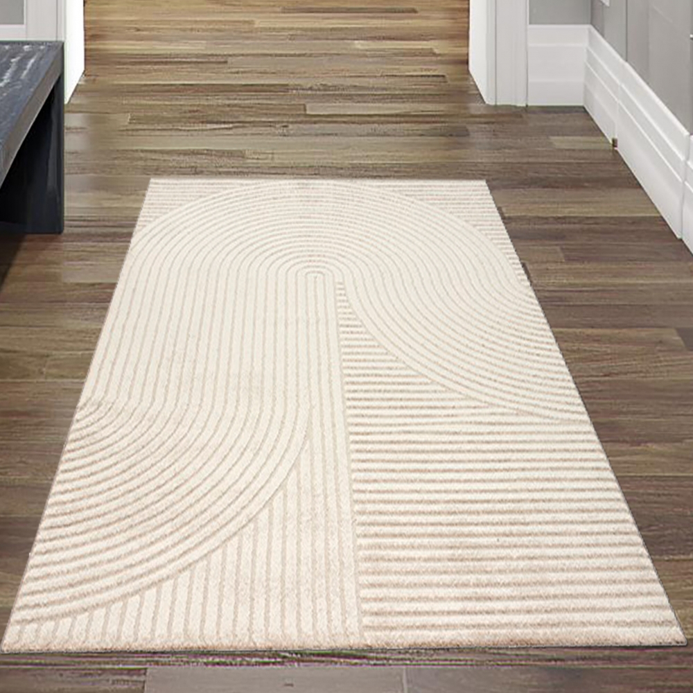 Teppich Wohnzimmer hell weich Linien- und Bogenmuster beige