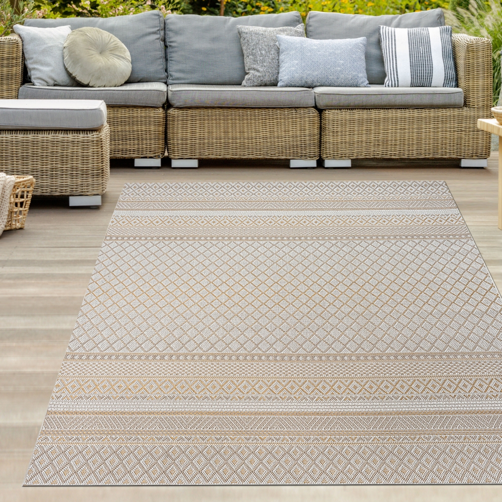 In- & Outdoorteppich im Ethno-Design – Modernes Rauten-Muster in Beige-Gelb