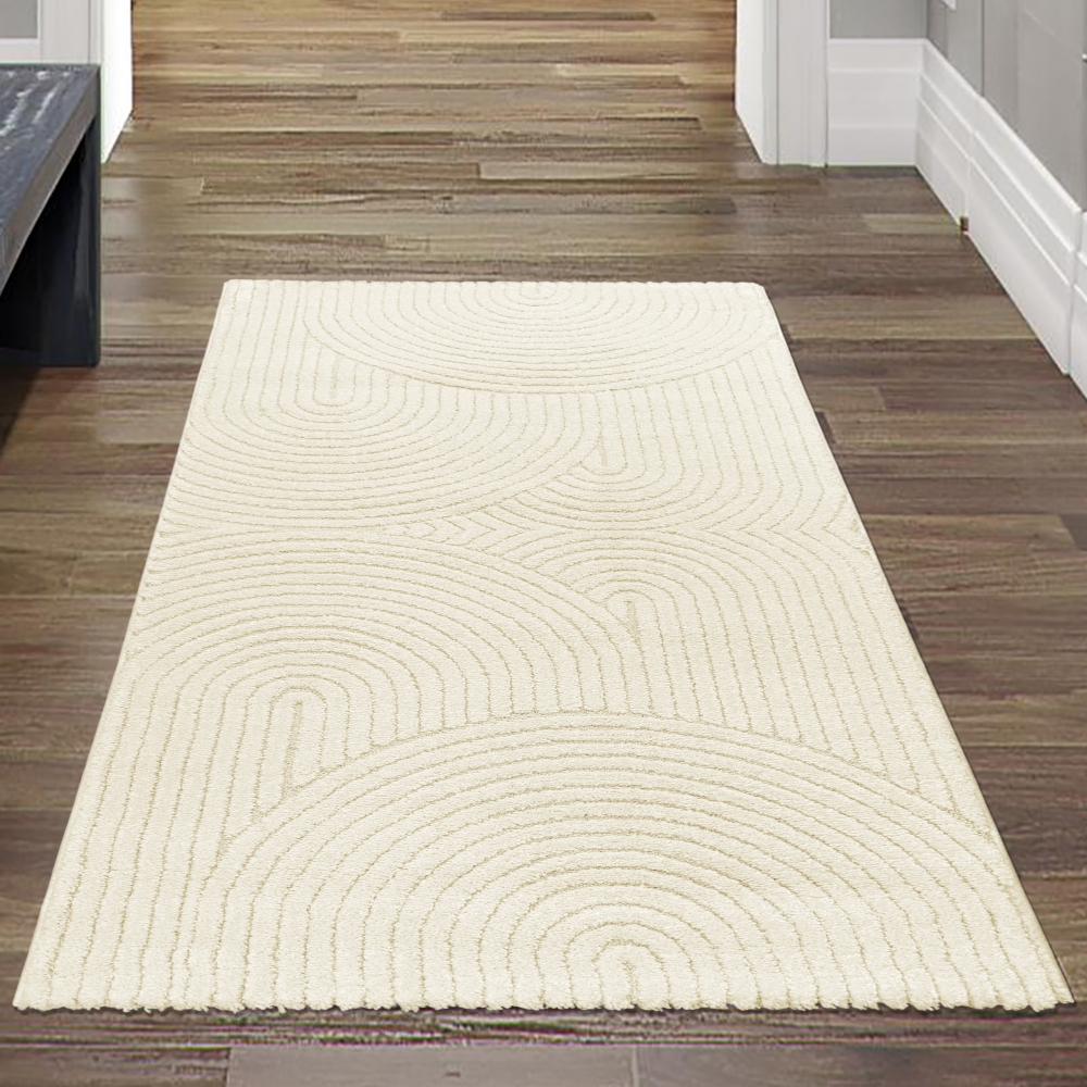 Moderner Wohnzimmerteppich mit gebogenem Muster in creme