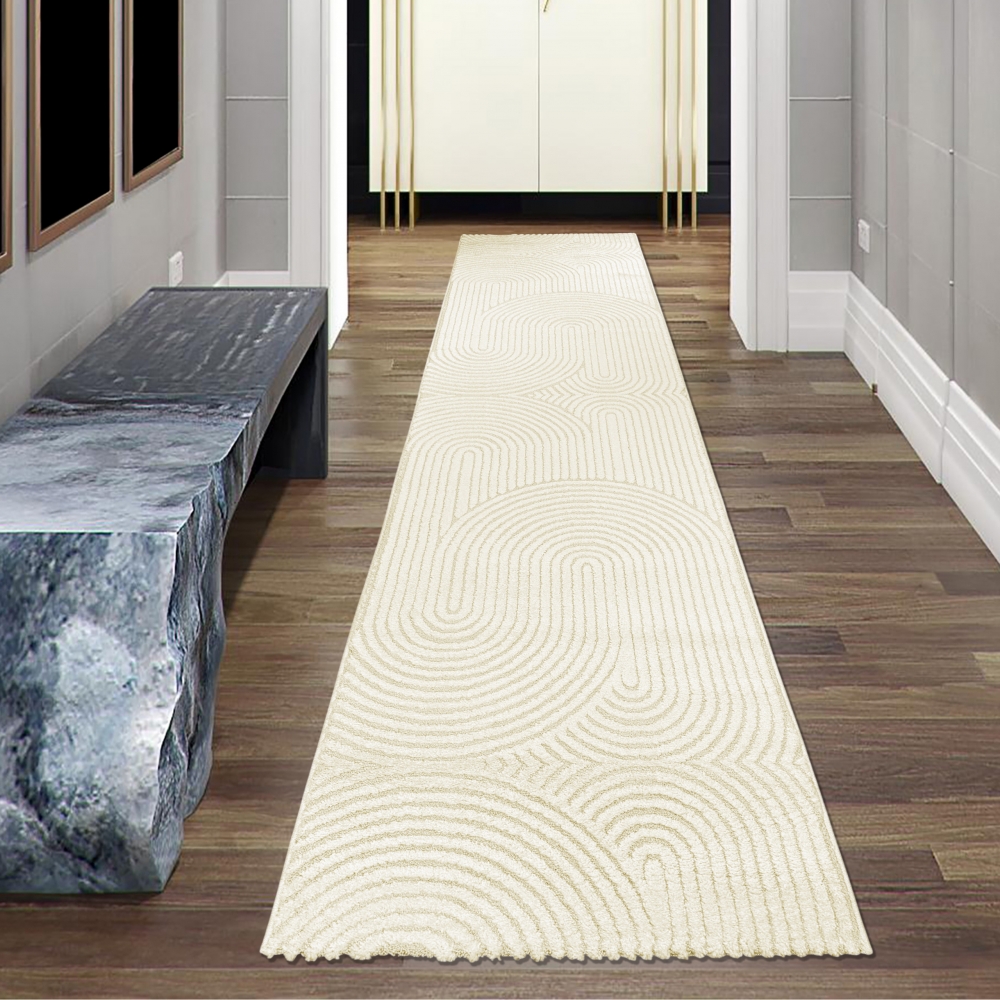 Moderner Wohnzimmerteppich mit gebogenem Muster in creme