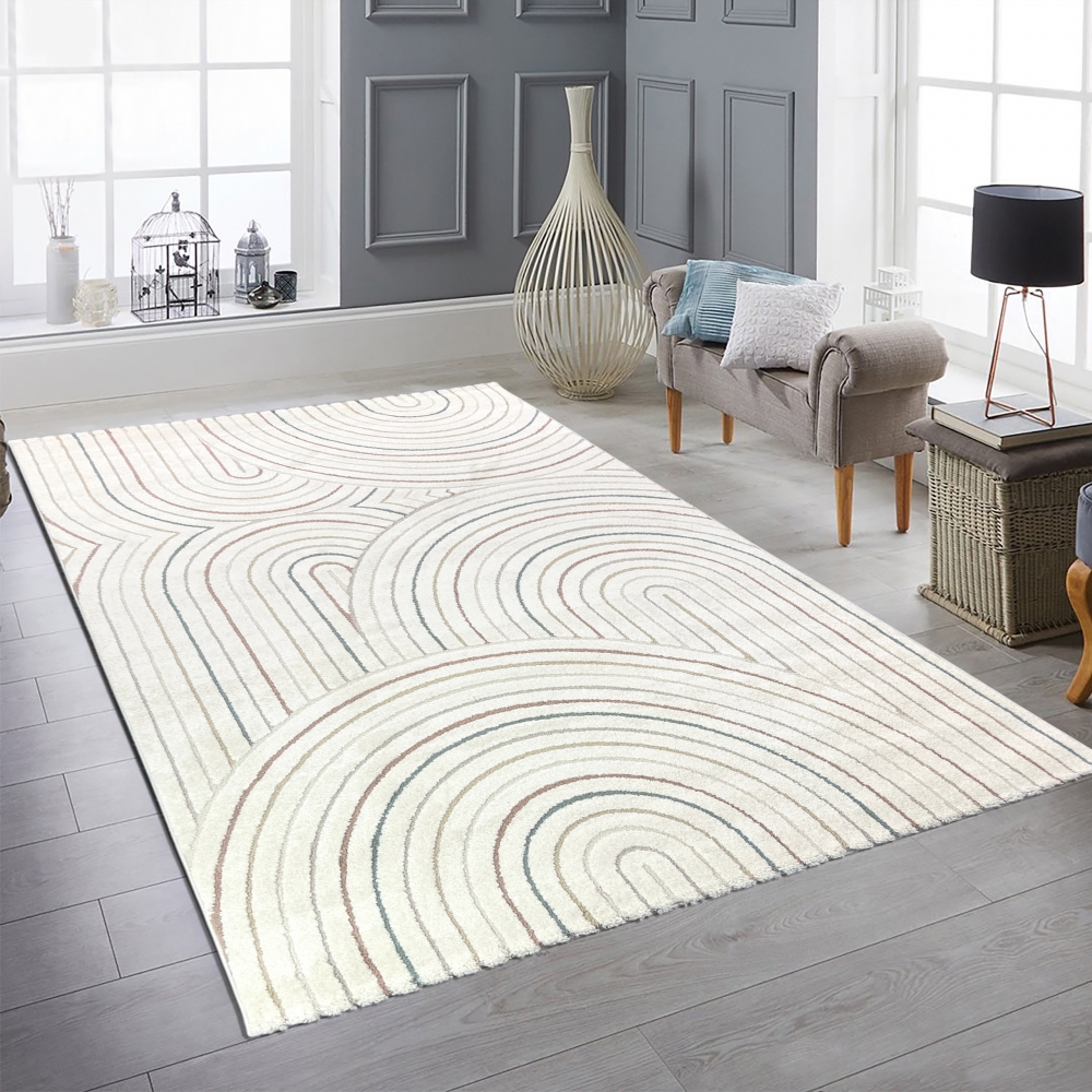 Moderner Teppich mit Bogenmuster in Beige mit bunten Streifen