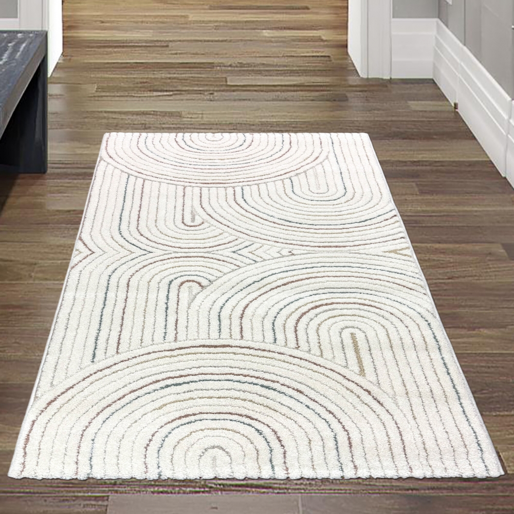 Moderner Teppich mit Bogenmuster in Beige mit bunten Streifen