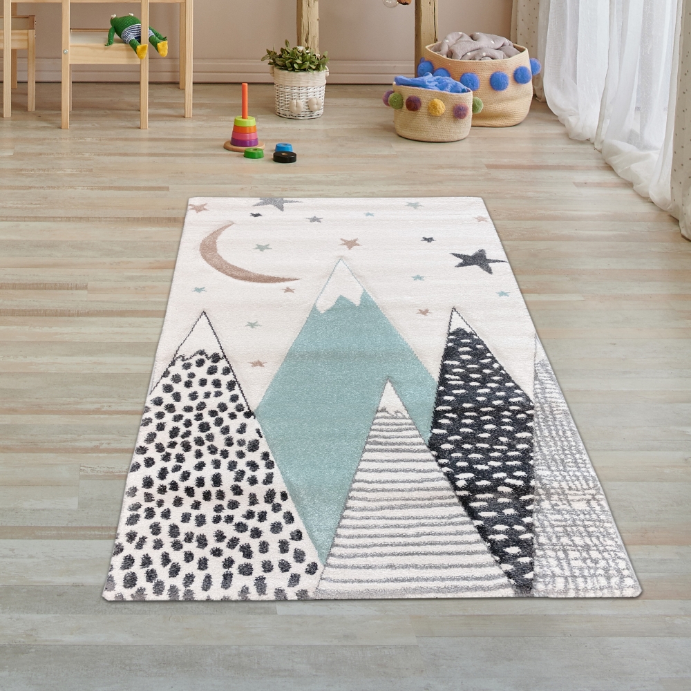 Kinderteppich Teppich Kinderzimmer mit Bergen in Pastel Blau Grau