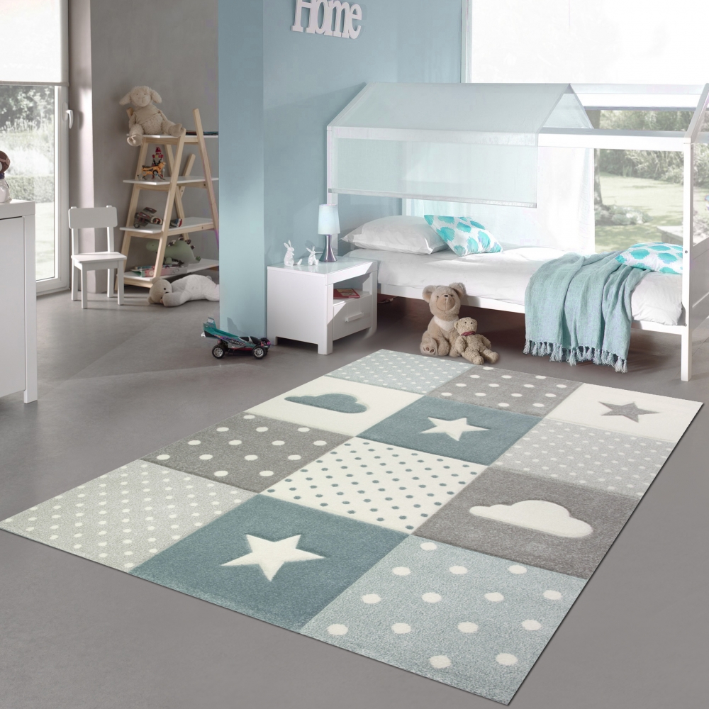 Kinderteppich Junge Teppich Kinderzimmer mit Stern Wolke in Blau Grau Creme