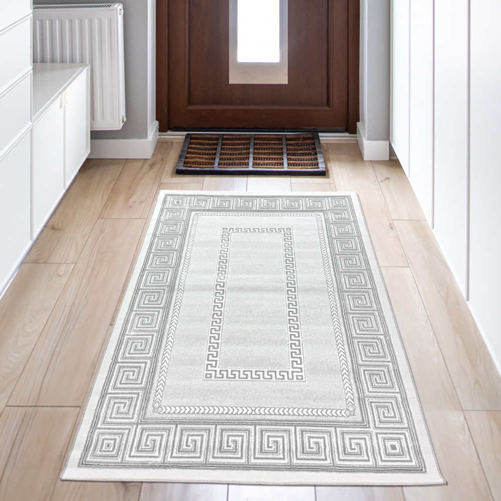 Teppich grau silber Bordüre Design pflegeleicht strapazierfähig Wohnzimmer