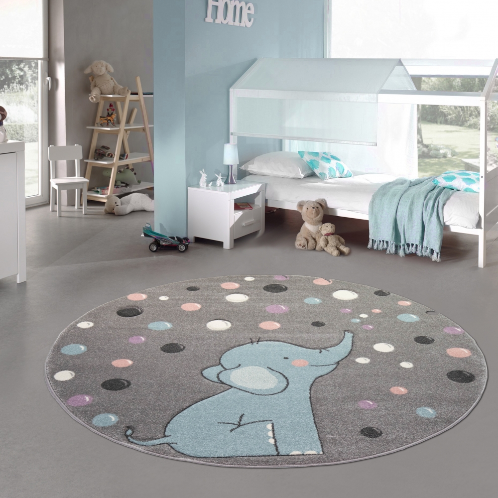 Kinderteppich Elefant Kinderzimmerteppich mit Punkten in grau blau