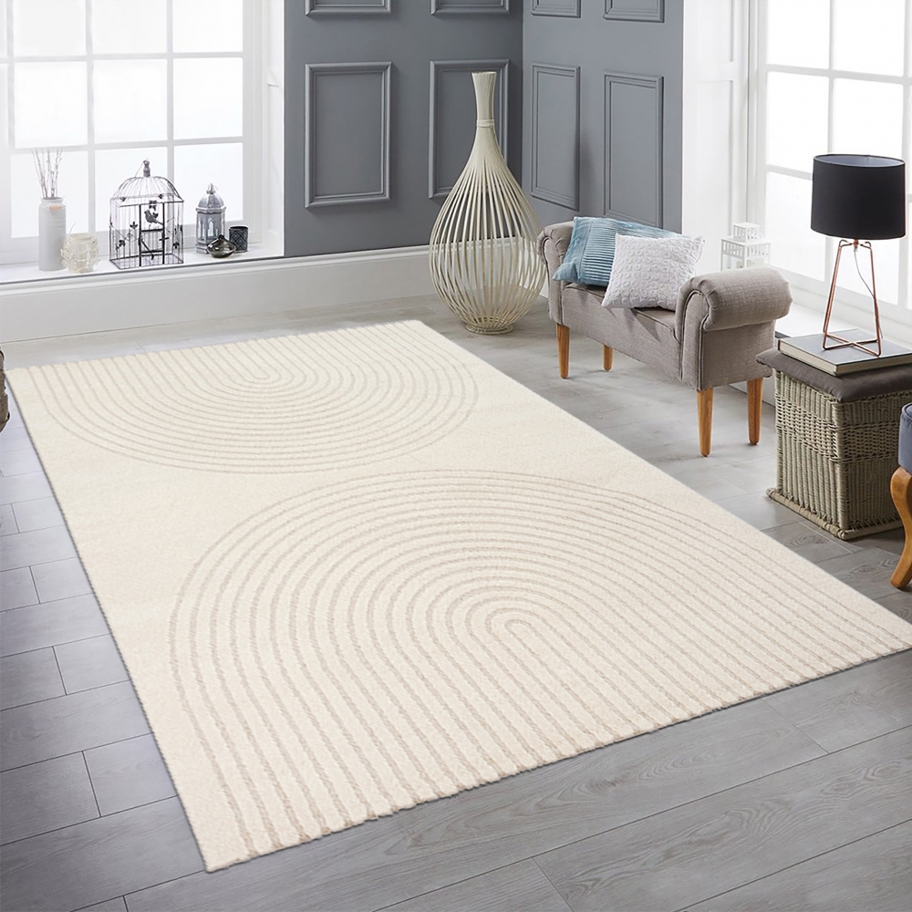 Schlafzimmer Wohnzimmer Teppich mit Hoch- Tiefeffekt und Bogenmuster in Creme
