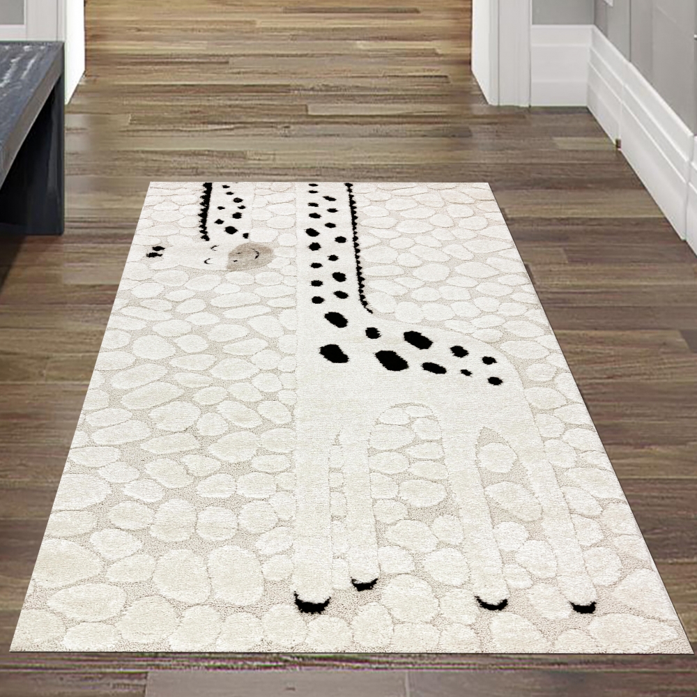 Kinderzimmer Spielzimmer Teppich mit fröhliche Giraffe Schadstofffrei in beige creme schwarz