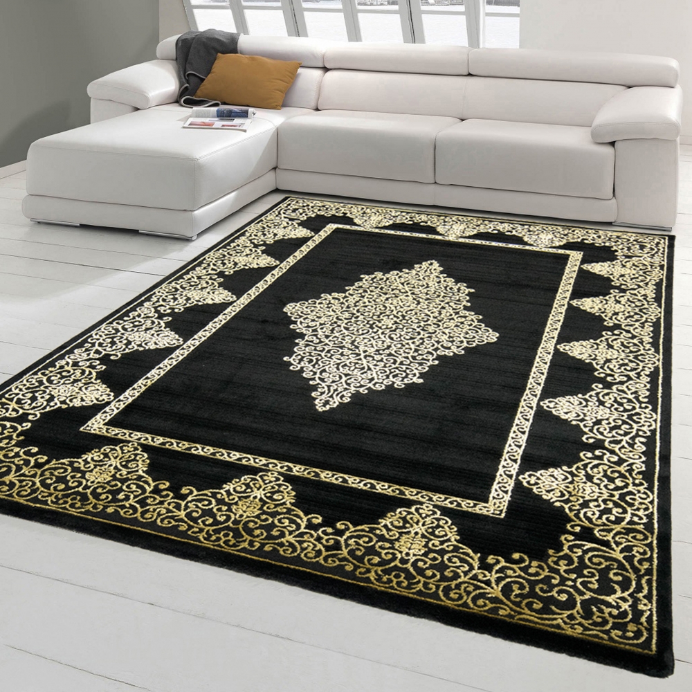 Teppich modern Kurzflor Wohnzimmerteppich Ornamente in schwarz gold