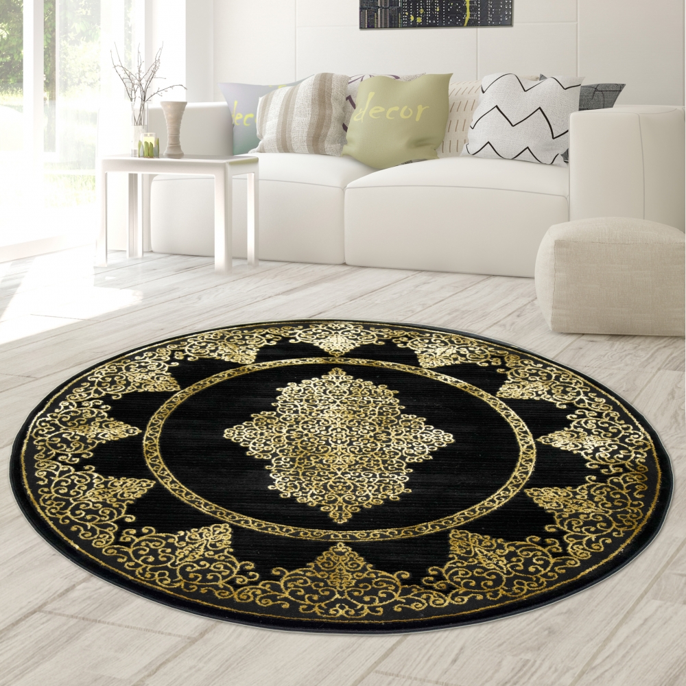 Teppich modern Kurzflor Wohnzimmerteppich Ornamente in schwarz gold