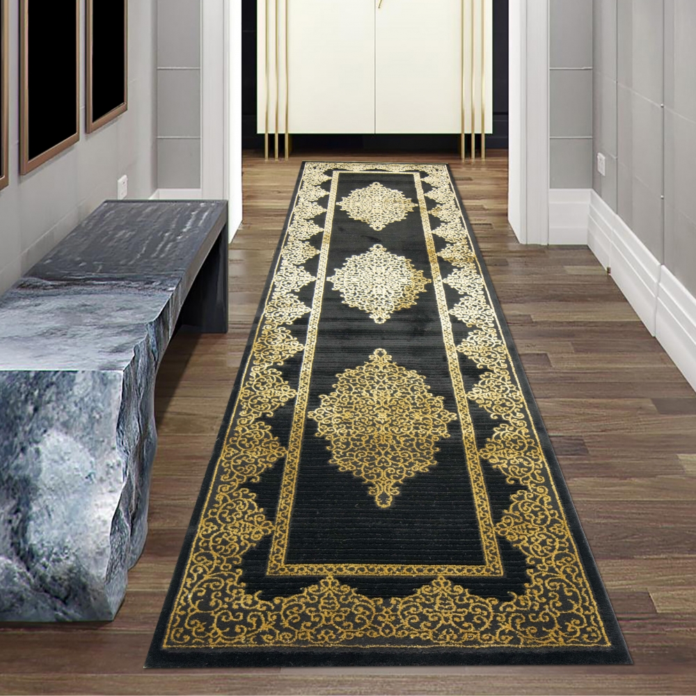 Teppich modern Kurzflor Wohnzimmerteppich Ornamente in schwarz gold