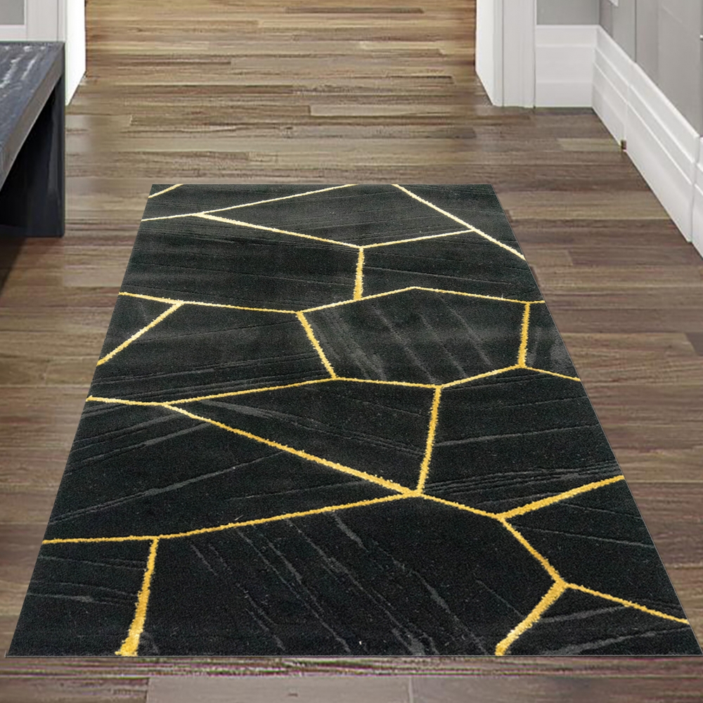 Teppich modern Wohnzimmerteppich geometrisches Muster in schwarz gold