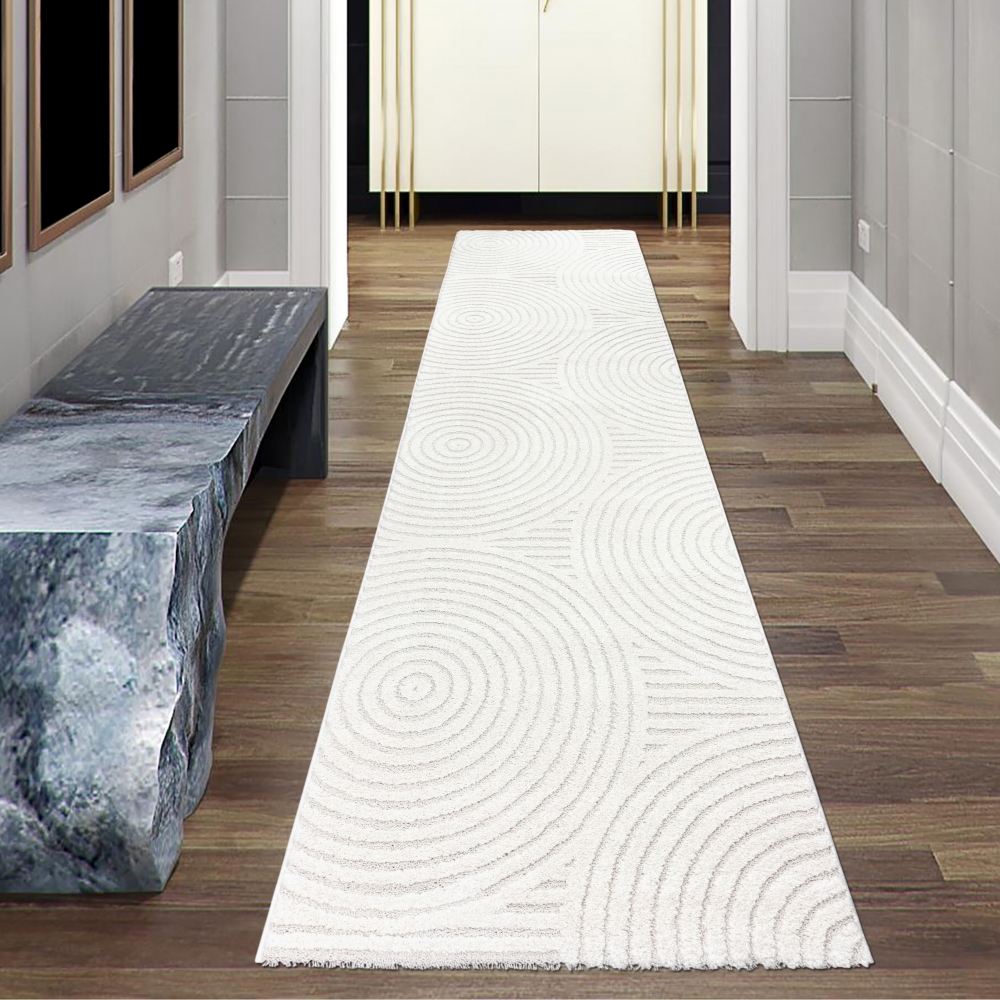 Designer Wohnzimmerteppich mit geometrischem Kreisemuster in creme