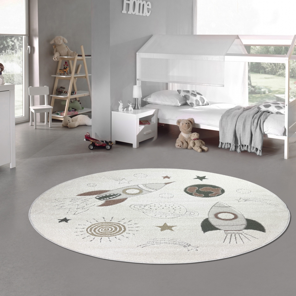 Kinderzimmerteppich Raumschiffen Planeten Sterne in creme grau beige