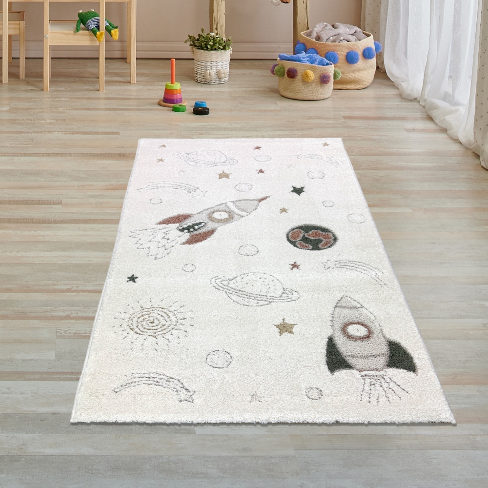 Kinderzimmerteppich Raumschiffen Planeten Sterne in creme grau beige