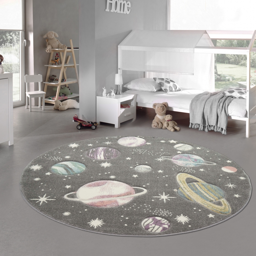Kinderteppich Weltraum Lernteppich mit Sternen und Planeten in pastell grau