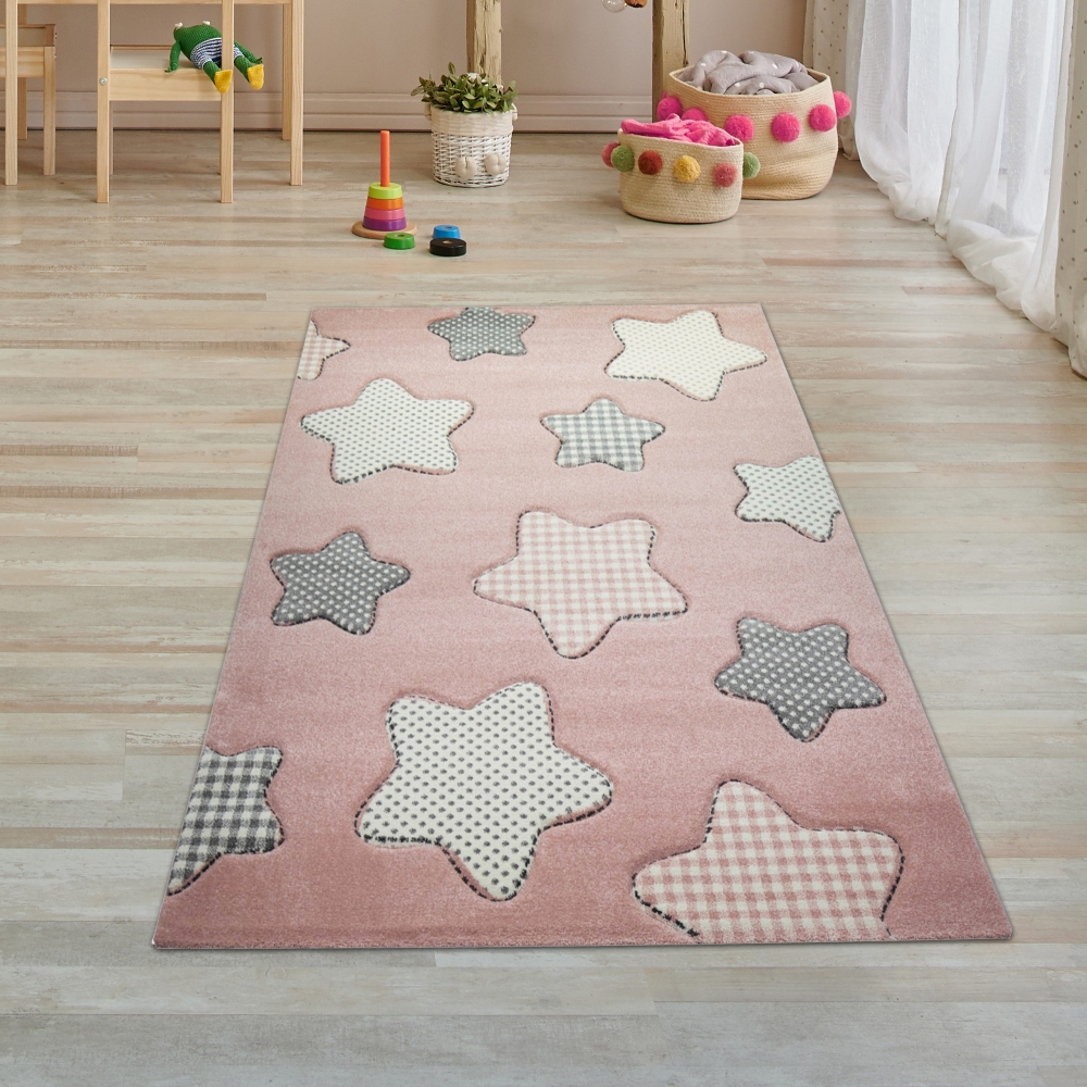 Kinderteppich Sterne Kinderzimmerteppich Mädchen in rosa creme grau