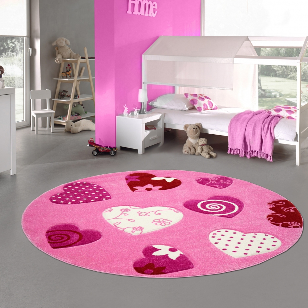 Kinderteppich Herzen Kinderzimmerteppich Mädchen in rosa creme rot
