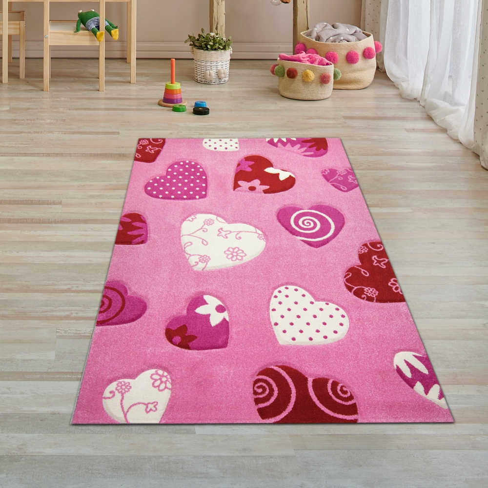 Kinderteppich Herzen Kinderzimmerteppich Mädchen in rosa creme rot