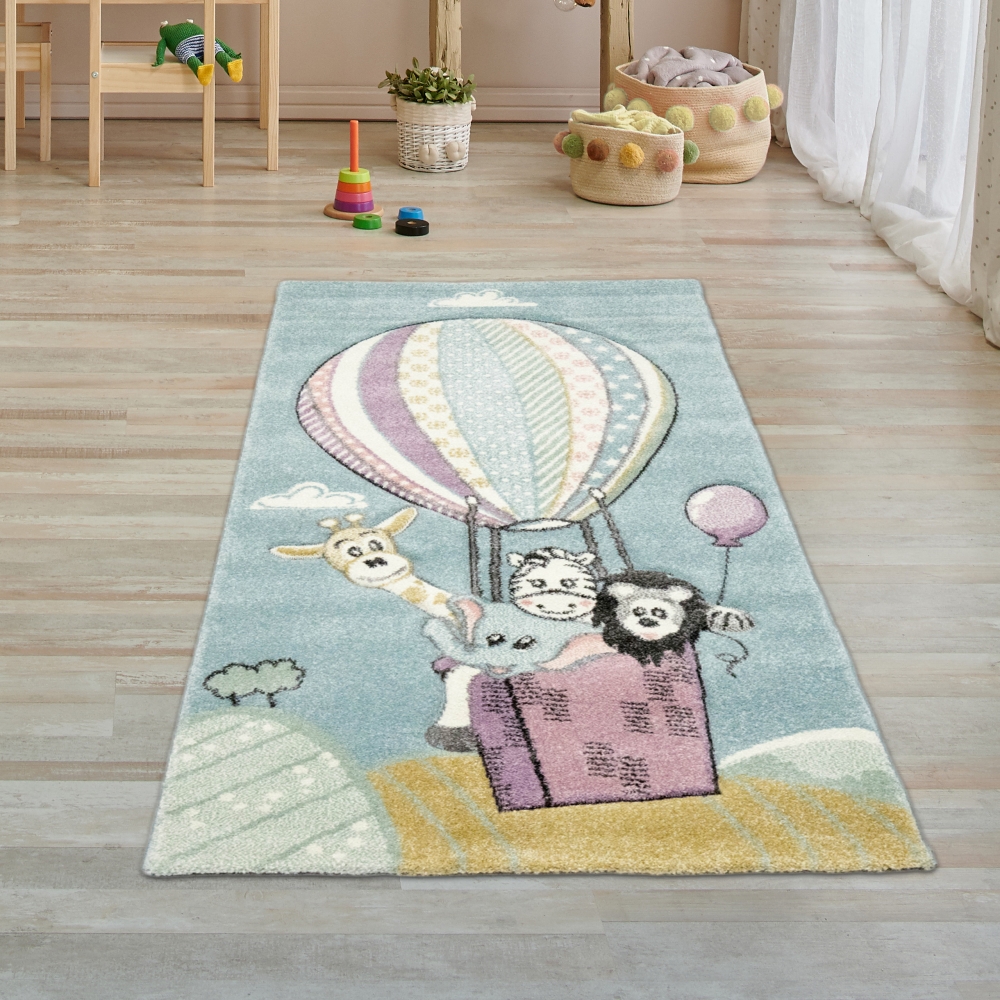 Kinderteppich Spielteppich Teppich Heißluftballon Tiere in pastell blau