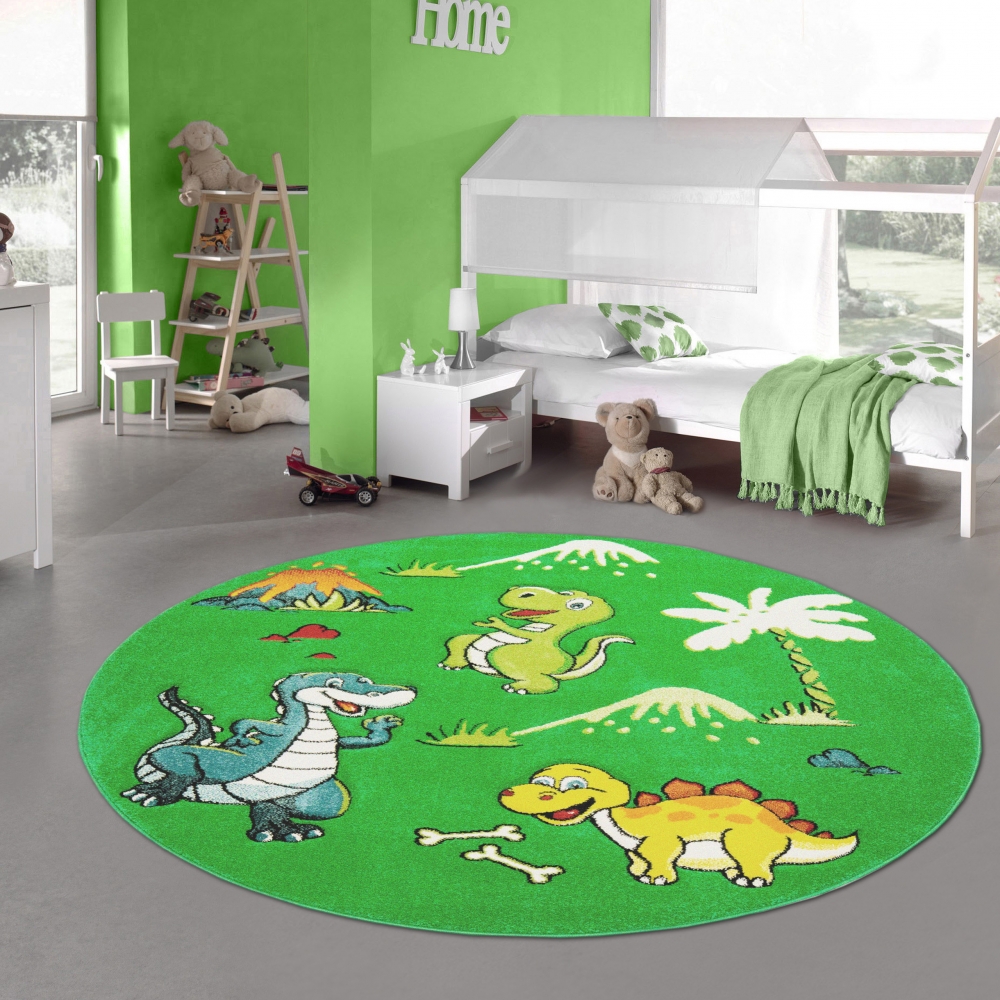 Kinderteppich Dinosaurier Kinderzimmerteppich Dschungel Vulkan in grün