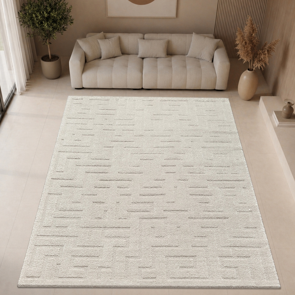 Greige Teppich modern weich strukturiert gemütlich Wohnzimmer