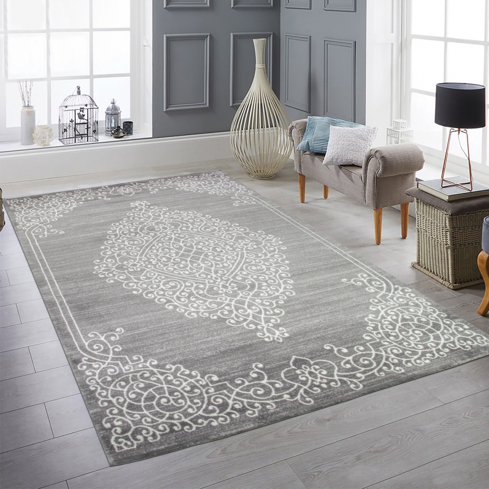 Moderner Teppich Orientteppich Ornamente mit Glitzergarn in Grau Creme