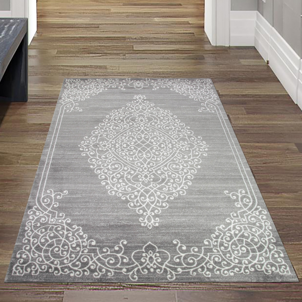 Moderner Teppich Orientteppich Ornamente mit Glitzergarn in Grau Creme