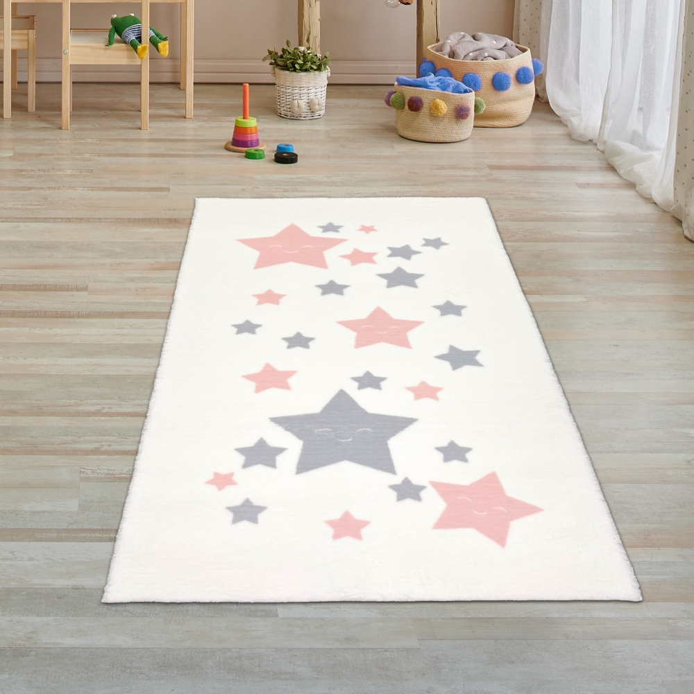 Teppich-Kinderzimmer Sterne weich in rosa, grau weiß