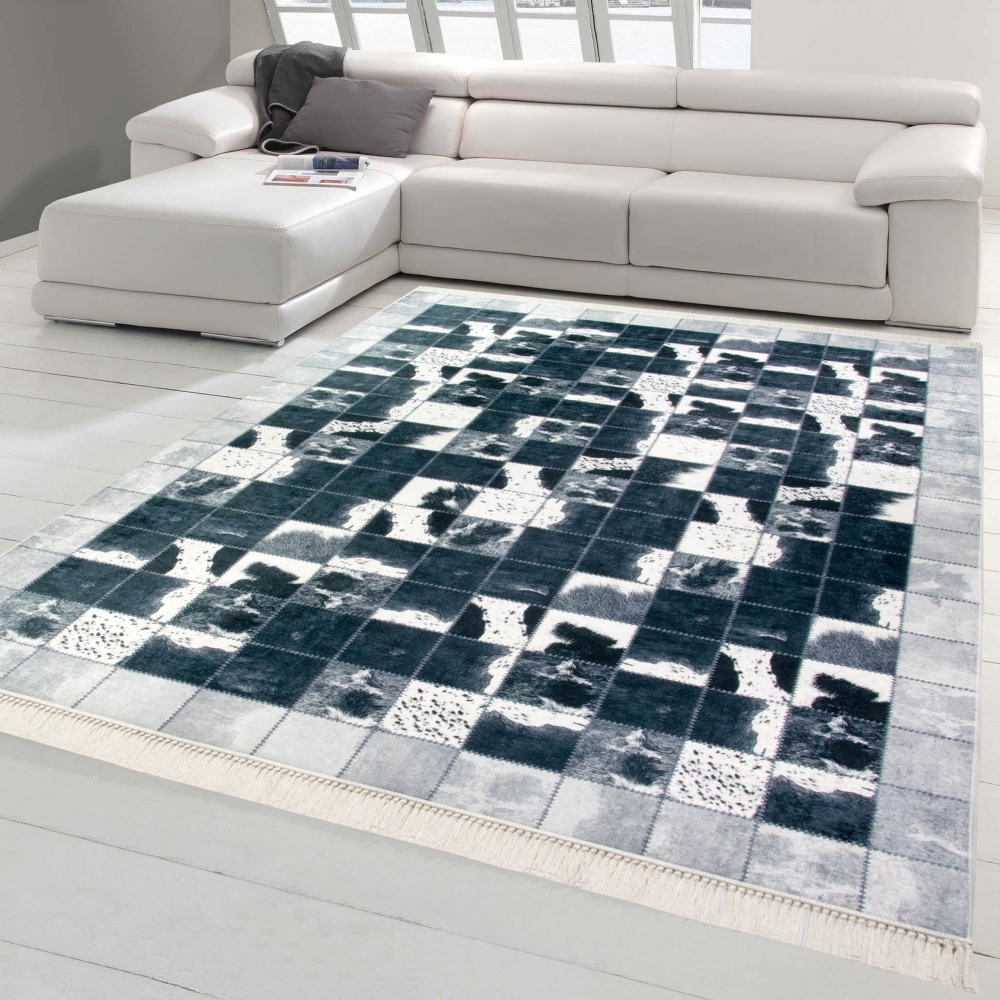 Kuhfell Imitat Teppich Patchwork in Schwarz Grau Weiß