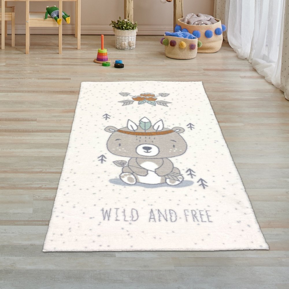 Kinderzimmer-Teppich flauschig süßer Bär creme