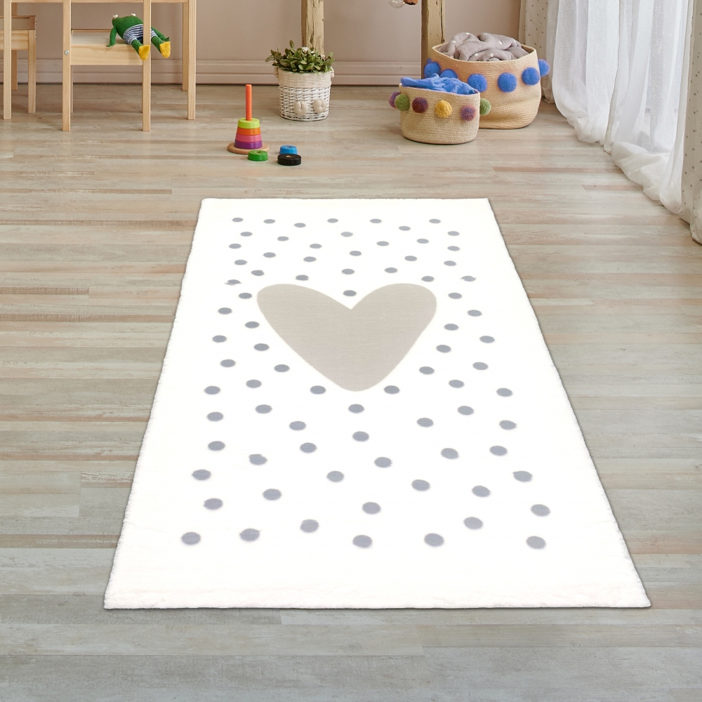 Kinder-Teppich Herz-Punkte weich in creme, grau