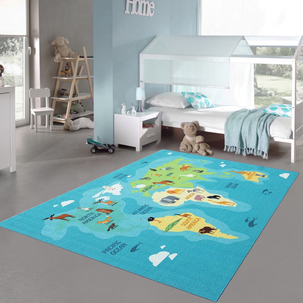 Kinderzimmer Weltkarten-Lernteppich Tiere & Meere in blau