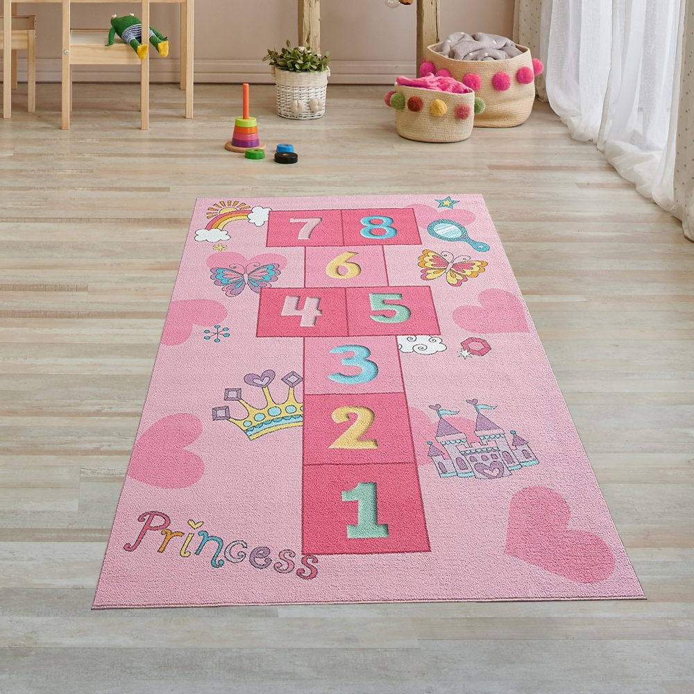 Prinzessinnen Hüpfspiel Kinder Spielteppich mit Herzen in pink