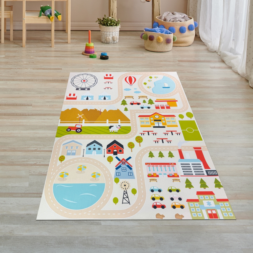 Kinderzimmer Weltkarten-Lernteppich Tiere & Meere in blau